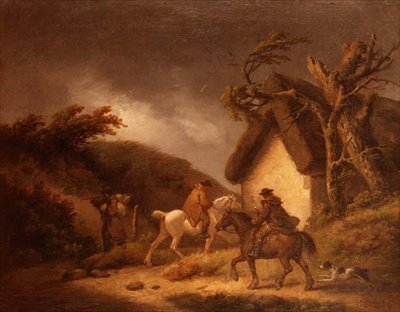 Gezginlerle dolu fırtınalı bir ormanlık manzara by George Morland