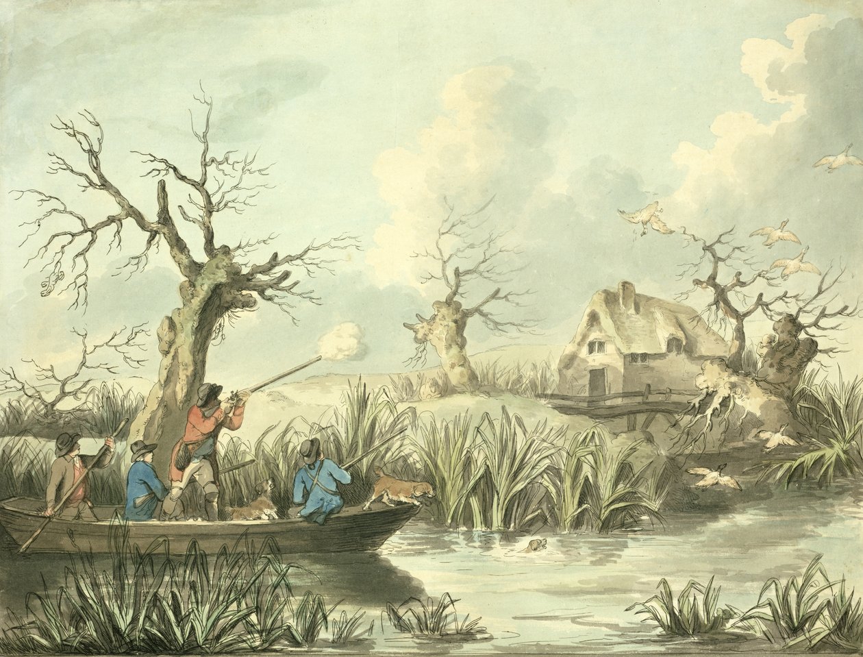 Duck Shooting, Thomas Rowlandson (1756-1827), pub tarafından kazınmış. J. Harris, 1789 (renkli gravür) (ayrıca bkz. 125725-27) by George Morland