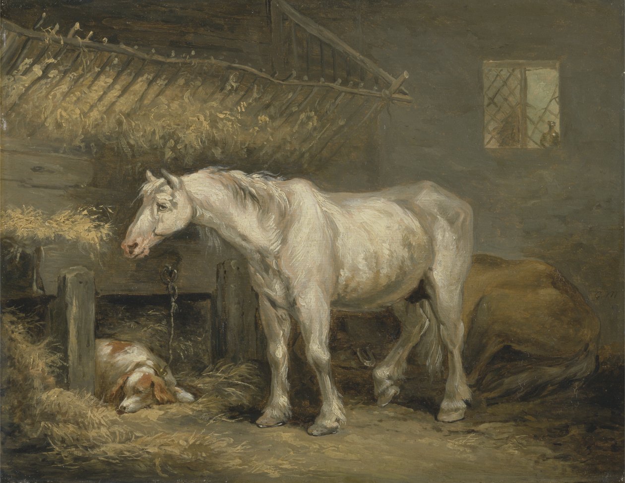 Ahırda köpekli yaşlı atlar, c.1791 (panelde yağ) by George Morland