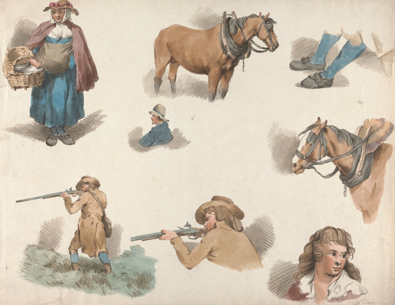 Beşli Set: Sekiz çalışma: Sepetli Kadın, Göz Kırpan Araba Atı, vb. by George Morland