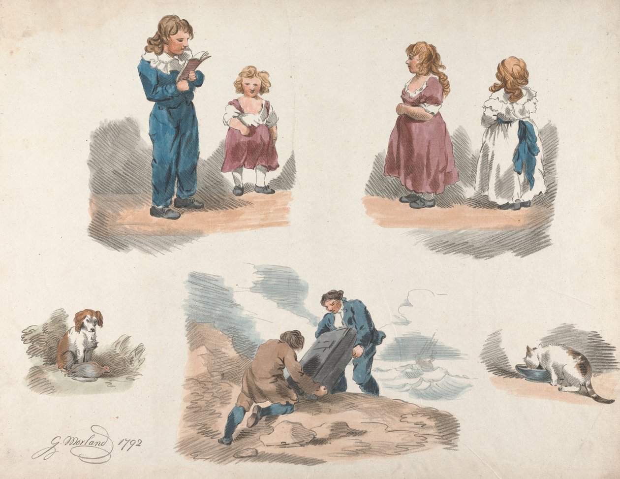 Beşli Set: Çocuklar, Bir Köpek, Bir Kedi, vb. Üzerine Çalışmalar by George Morland