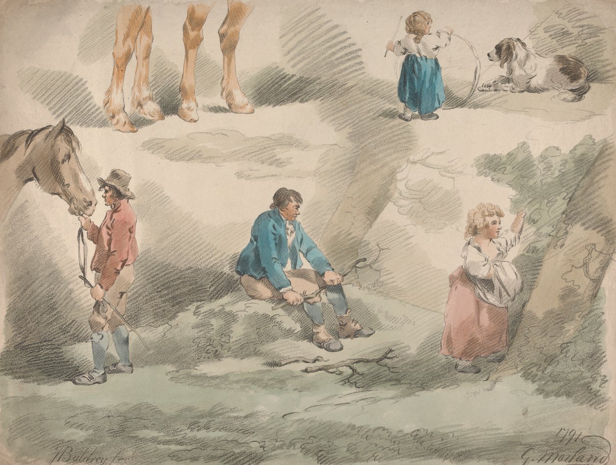 Beşli Set: Kız Çalışmaları, bir Çemberle Oynama, bir Meyve Toplama, Adam ve At, vb. by George Morland