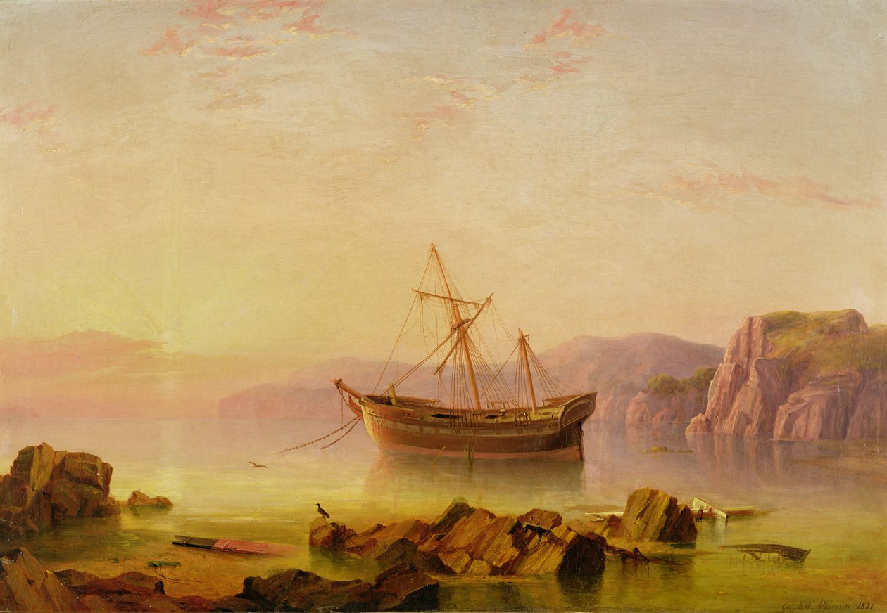 Gün batımında bir koyda demirlemiş bir gemi by George Mounsey Wheatley Atkinson