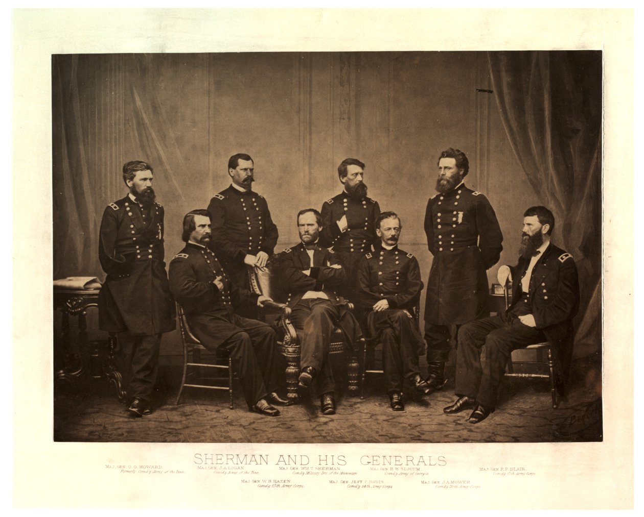 Sherman ve Generalleri [Blair, basılmadan önce başka bir negatiften eklendi], 1865 (sepya fotoğraf) by George N. Barnard