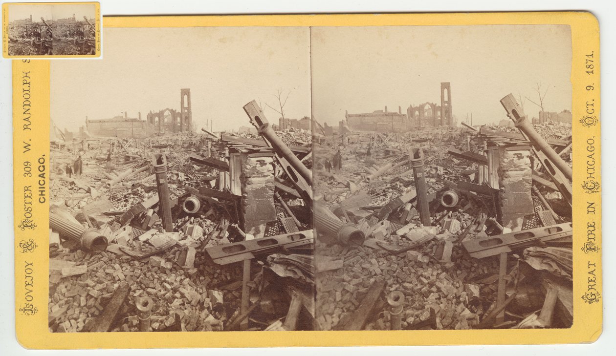 1871, 1871 Chicago Yangınından sonra Mammoth Store of Field & Leiter kalıntılarının stereografı (kart yuvasındaki bw fotoğraf) by George N. Barnard