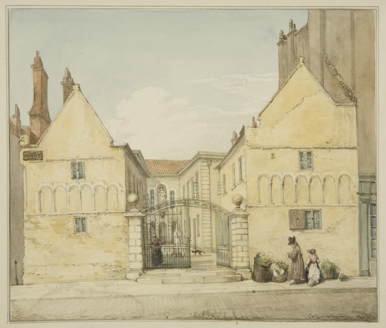Barnstaple Almshouses, Trinity Hastanesi, Eski Pazar (kağıt üzerine kurşun kalem ve sulu boya) by George Orleans Delamotte