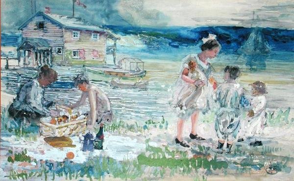 Sahilde Piknik (kağıt üzerine sulu boya) by George Overbury Hart