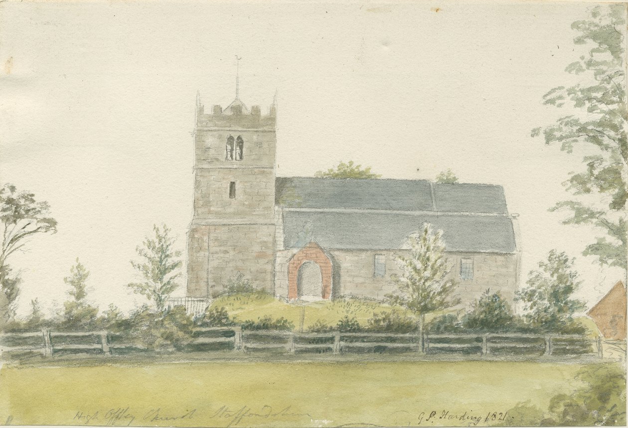 High Offley Kilisesi: sulu boya, 1821 by George Perfect Harding