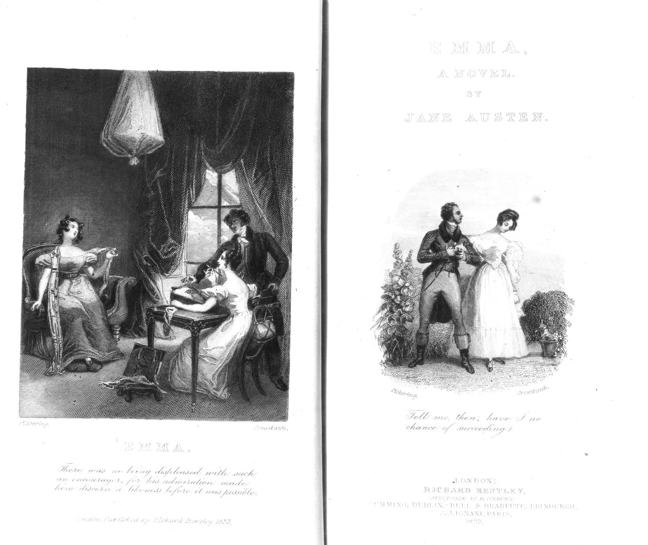 William Greatbach tarafından oyulmuş Jane Austen tarafından 'Emma' için ön yüz ve başlık sayfası, 1833'te yayınlanan baskı by George Pickering