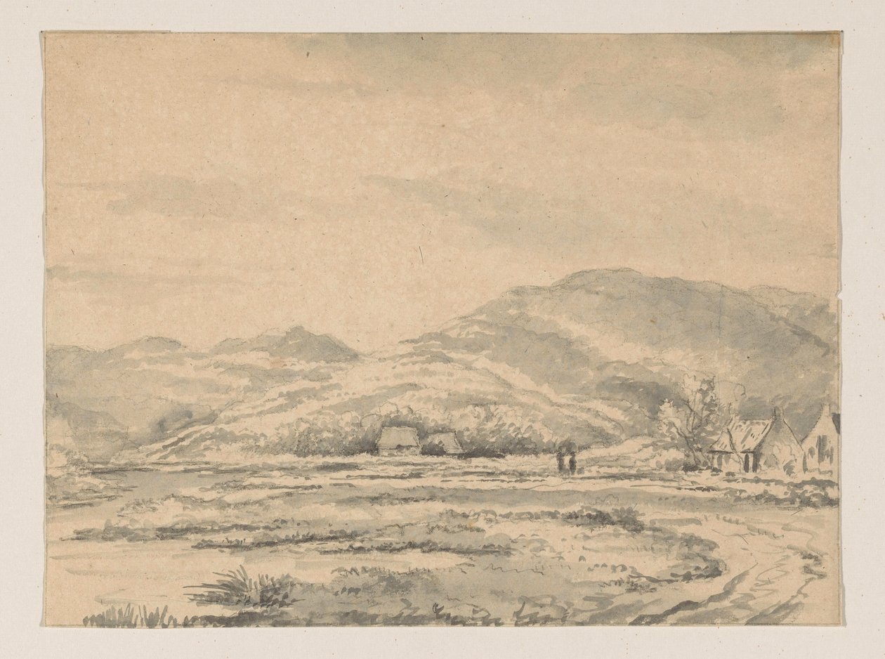 Birkaç ev ve solda bir nehir ile tepelik manzara by George Pieter Westenberg