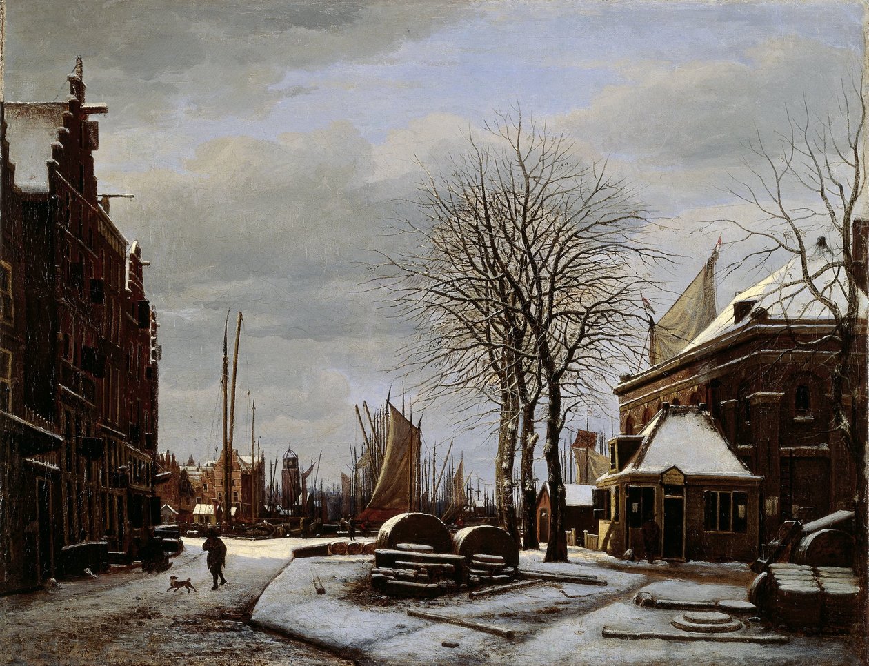 Kışın 'Het Zeerecht' Binası ile Amsterdam'da Slijpsteenmarkt (Whetstone Pazarı) (Amsterdam'daki Slypsteenen) by George Pieter Westenberg