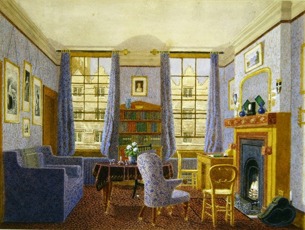 Bir lisans öğrencisinin oturma odası, Christ Church, Oxford (kağıt üzerine sulu boya) by George Pyne