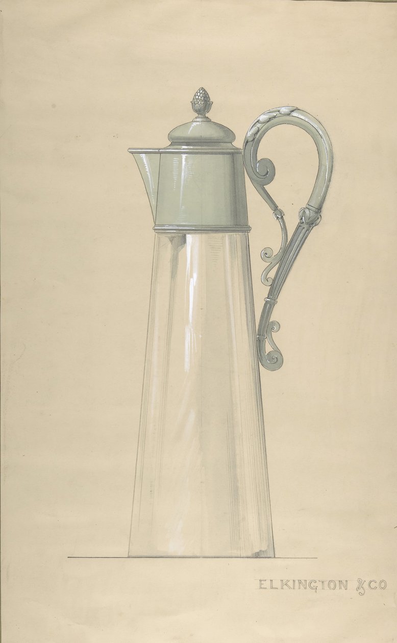 Kapaklı Cam ve Gümüş Su Sürahi Tasarımı, 1820-65. by George Richards Elkington