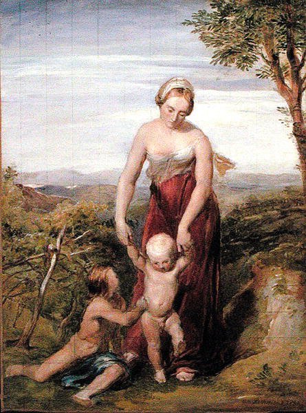 Tepelik Bir Manzarada İki Çocuklu Bir Kadın by George Richmond