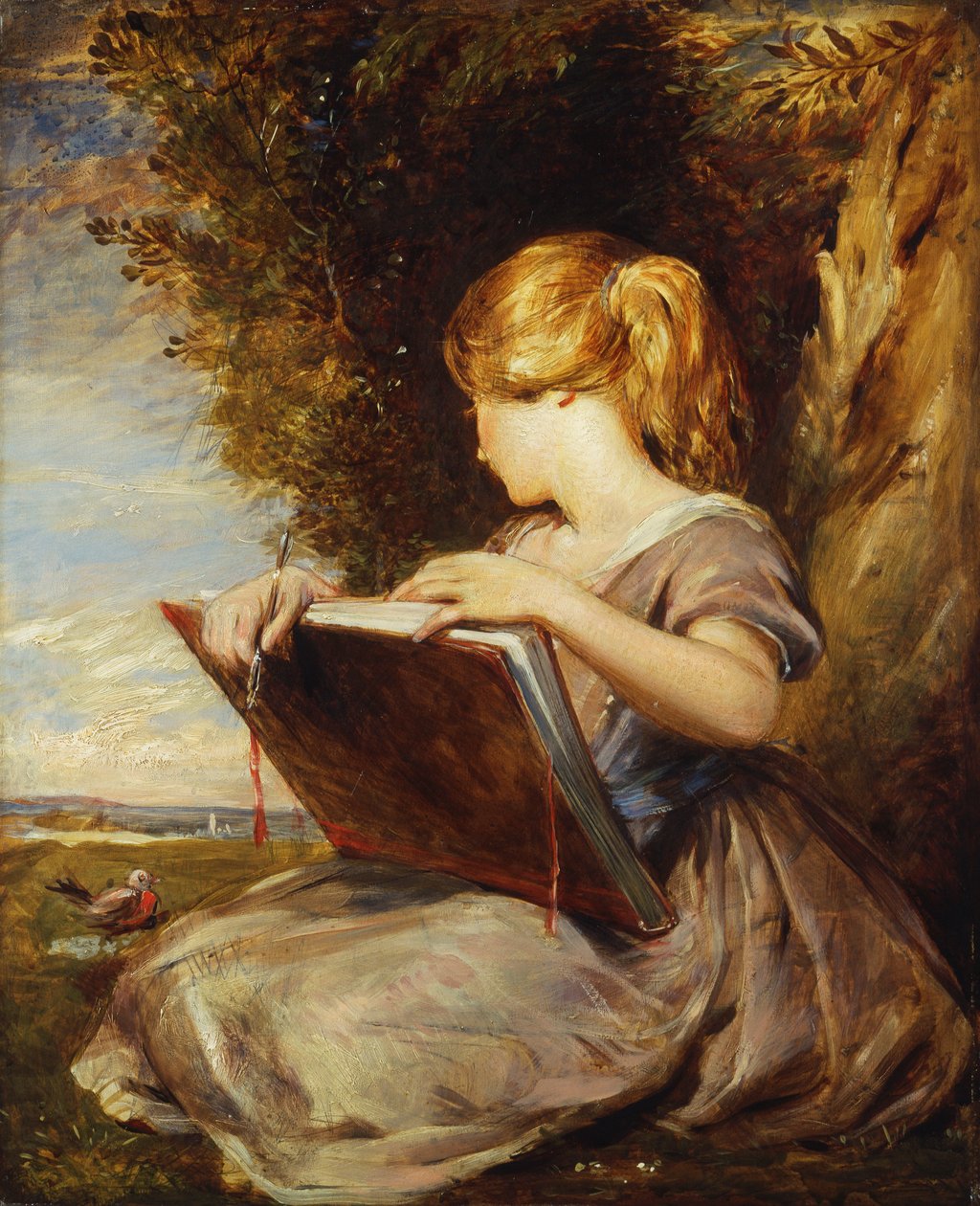 Bir Ağacın Altında Oturan Genç Kız Elinde Eskiz Defteri, by George Richmond