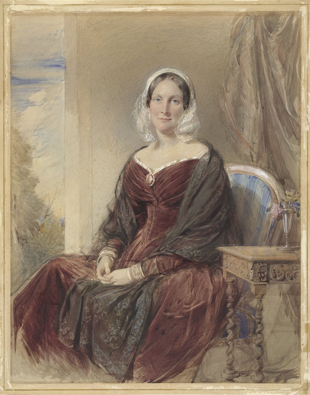 Dışarıda manzaralı oturan bir bayanın portresi by George Richmond