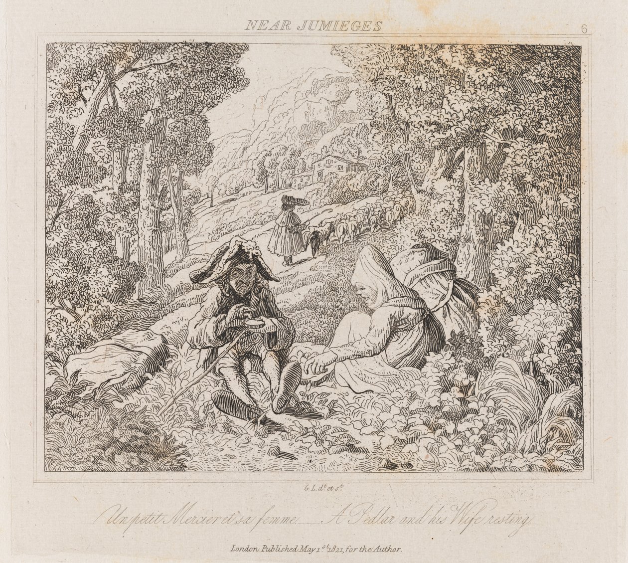 Jumieges yakınlarında seyyar satıcı ve karısı, c.1821 (gravür) by George Robert Lewis