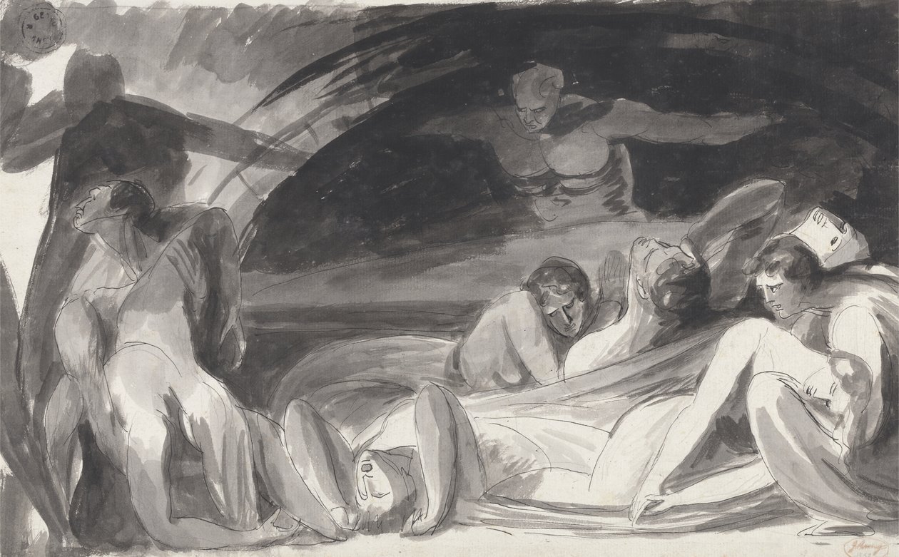 Howard Hapishaneyi Ziyaret Ediyor (kalem ve mürekkep ve serilmiş kağıt üzerinde grafit üzerinde yıkayın) by George Romney