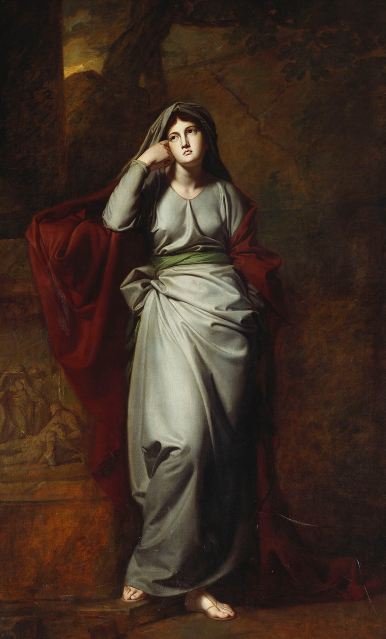 Il Penseroso veya Melankoli: Bir Kadın Figürü, Tam Boy, Soluk Yeşil Cüppeler Giyen, Bir Manzarada Duran, Sol Dirseğini Klasik Frizli Bir Kaideye Dayanan, by George Romney