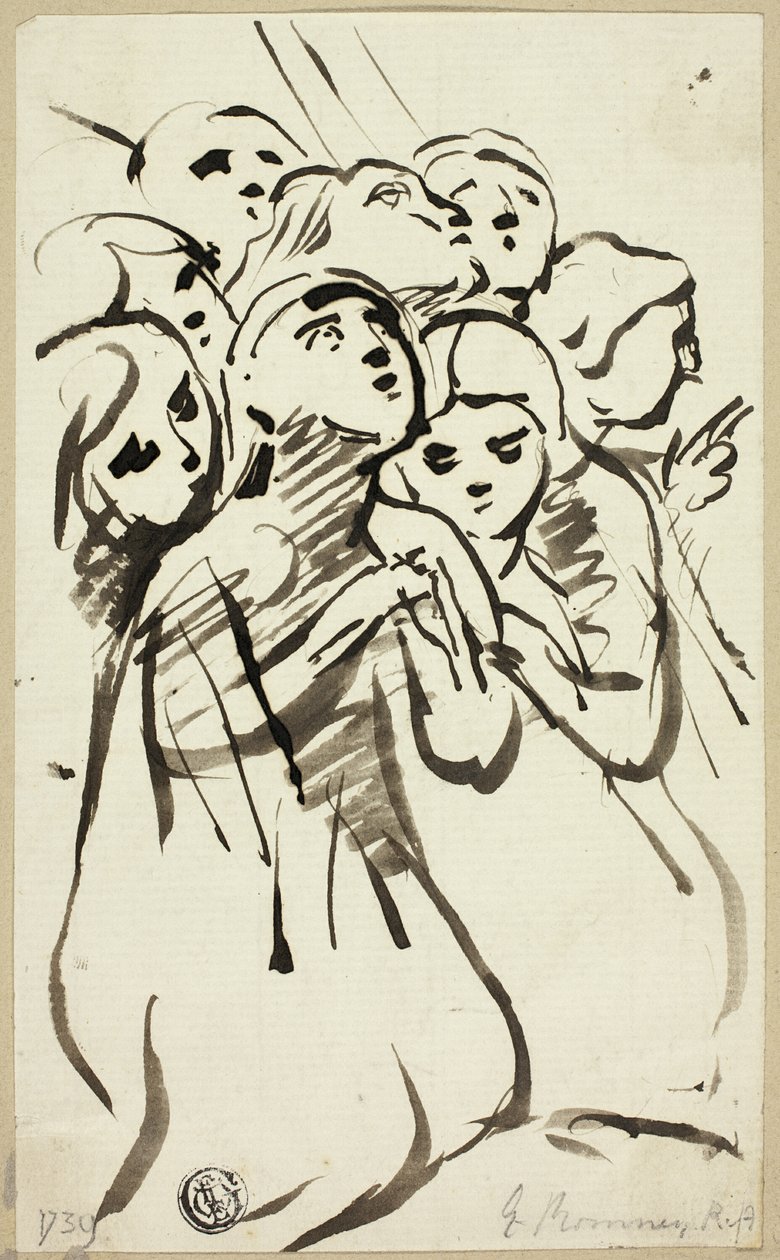 Diz çökmüş figürler birbirine sokulmuş by George Romney