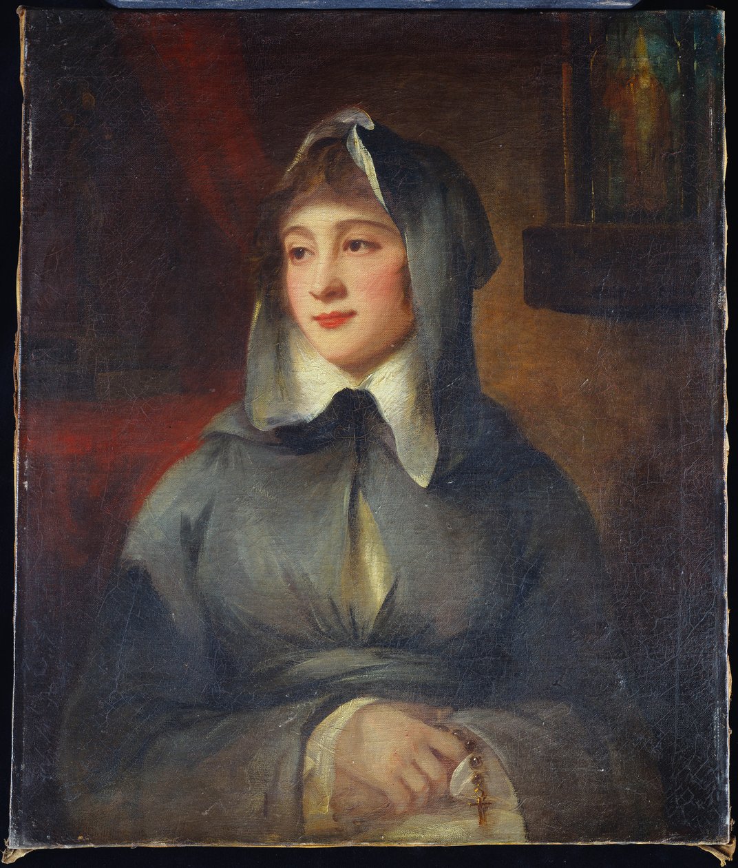 Bir rahibe olarak, bir iç bir türbe tarafından bir tespih tutan bir bayan, yarım uzunlukta portresi by George Romney