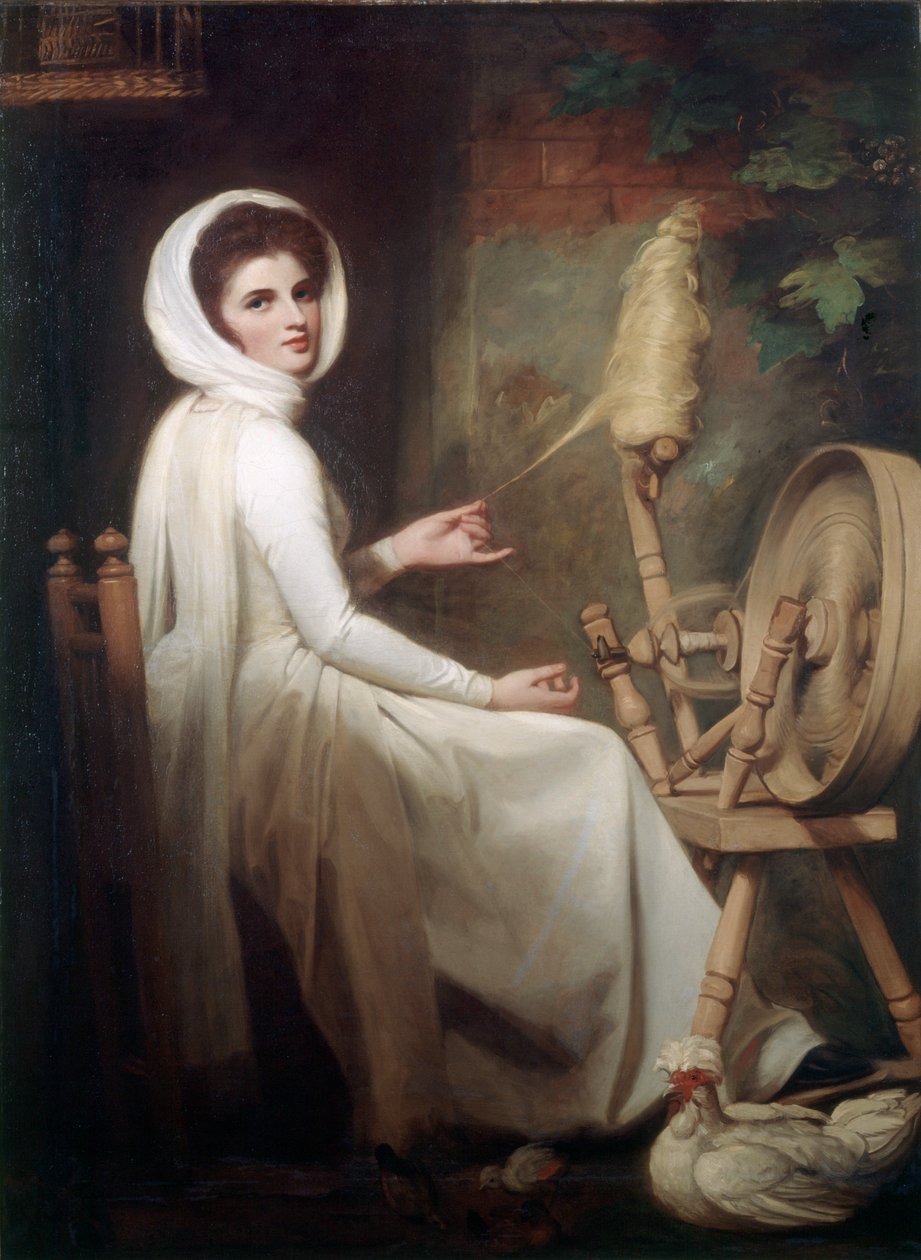 Spinning Wheel'de Kadın Kız Leydi Emma Hamilton by George Romney
