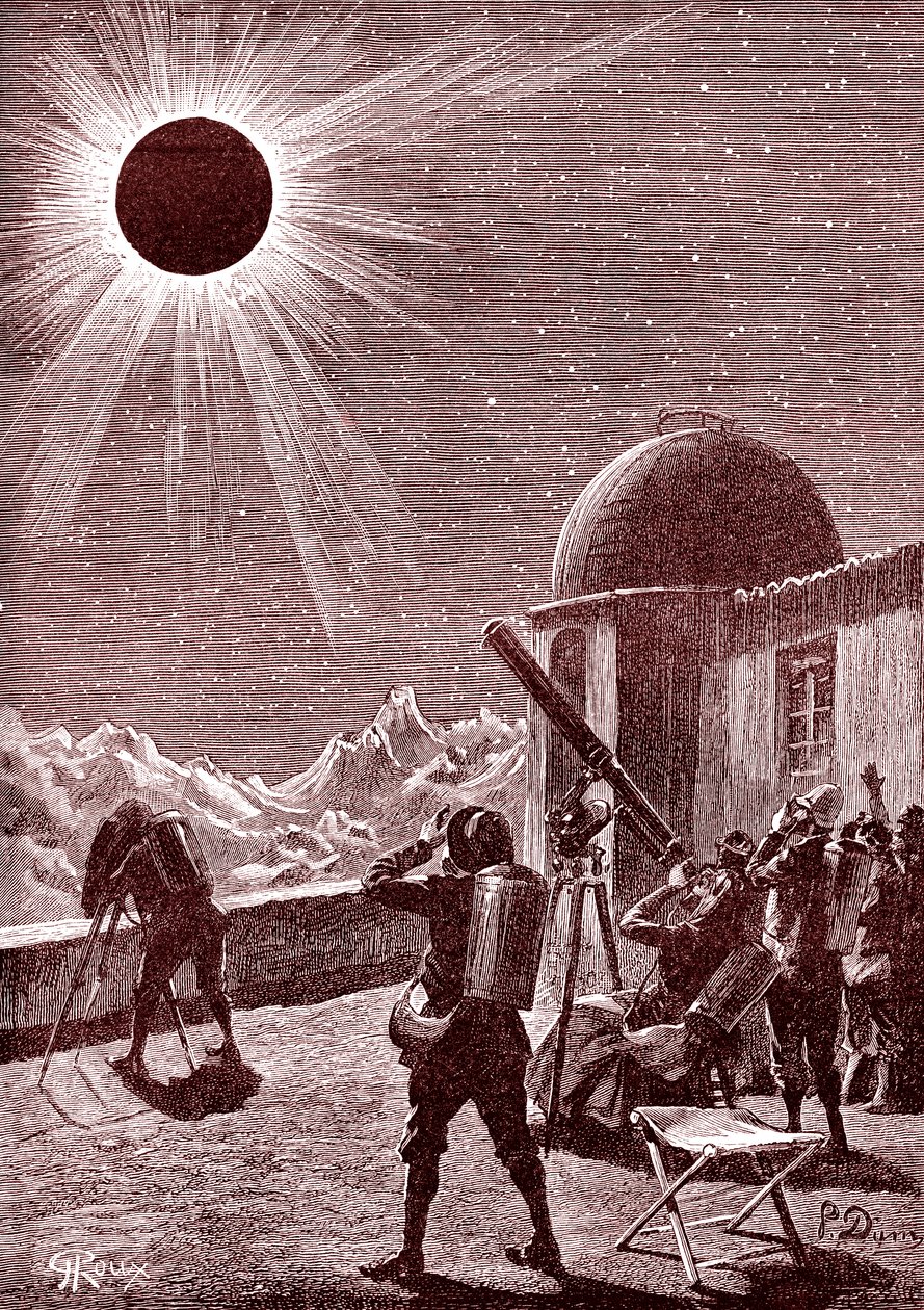Afrika çölündeki kaşifler güneş tutulmasına bakıyor. 1888 (gravür) by George Roux