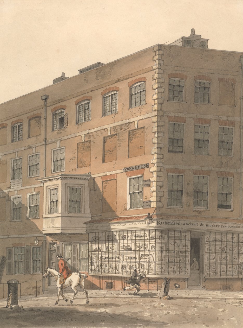 Villiers Caddesi ile Strand'ın köşesi olan York House, Ön Planda Richardson'ın Antik ve Modern Baskı Deposu by George Shepheard