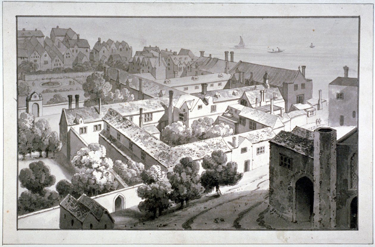 Winchester Piskoposu sarayının kuşbakışı görünümü, Southwark, Londra, c1820. by George Shepherd