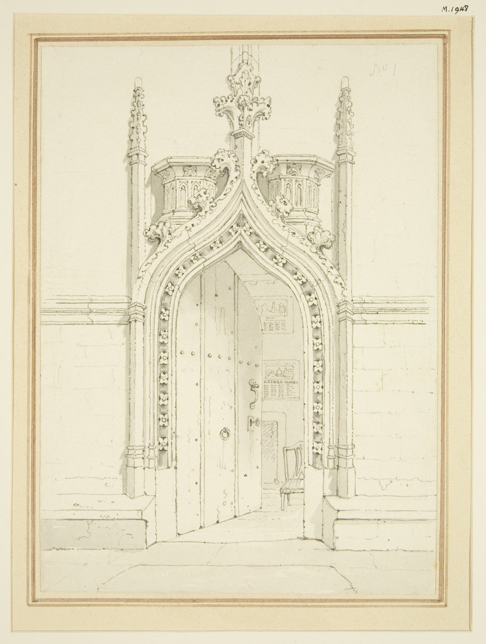 St Mary Redcliffe'deki Vestry Room'un kapısı, c.1812 (kağıt üzerine kalem ve suluboya) by George Shepherd
