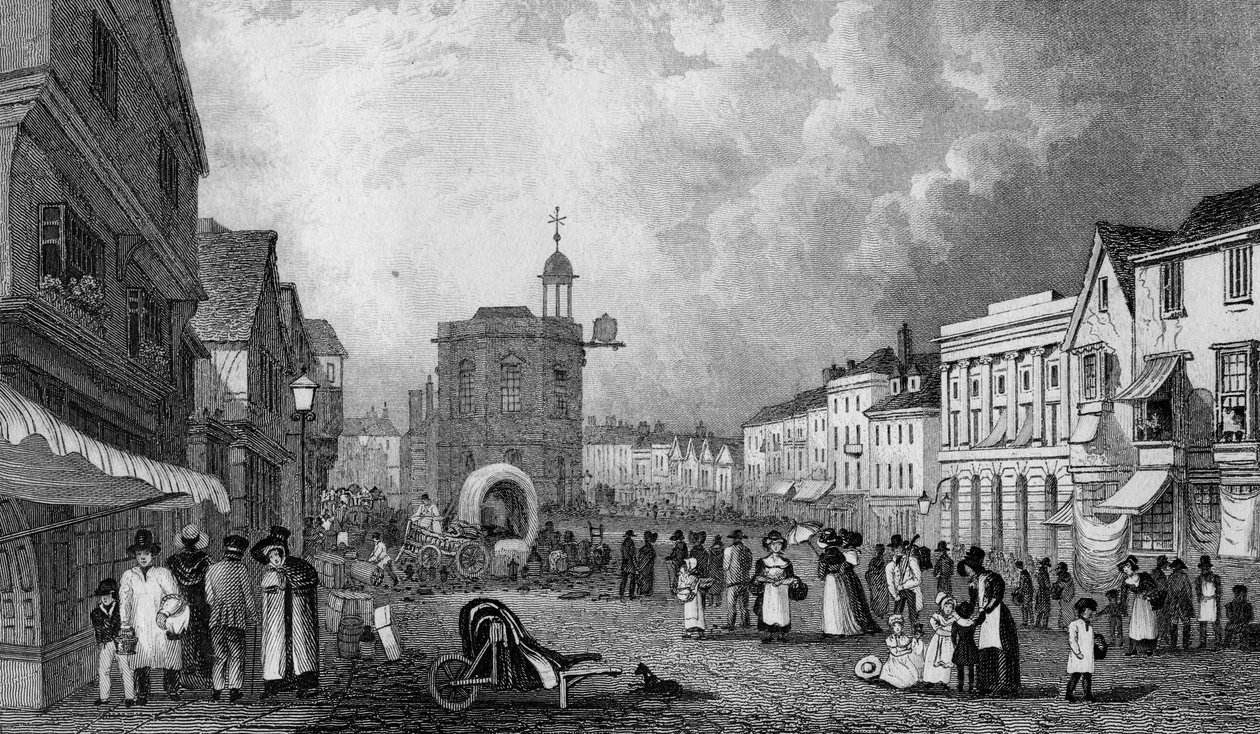 High Street, Maidstone, A Market Day, engraved by S. Lacey, published 1832  by George Shepherd