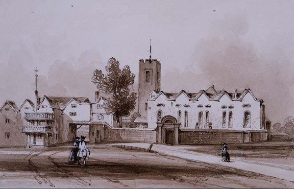 Highgate Okulu ve Şapel, c.1840 (sepya mürekkebiyle yıkama çizimi) by George Sidney Shepherd