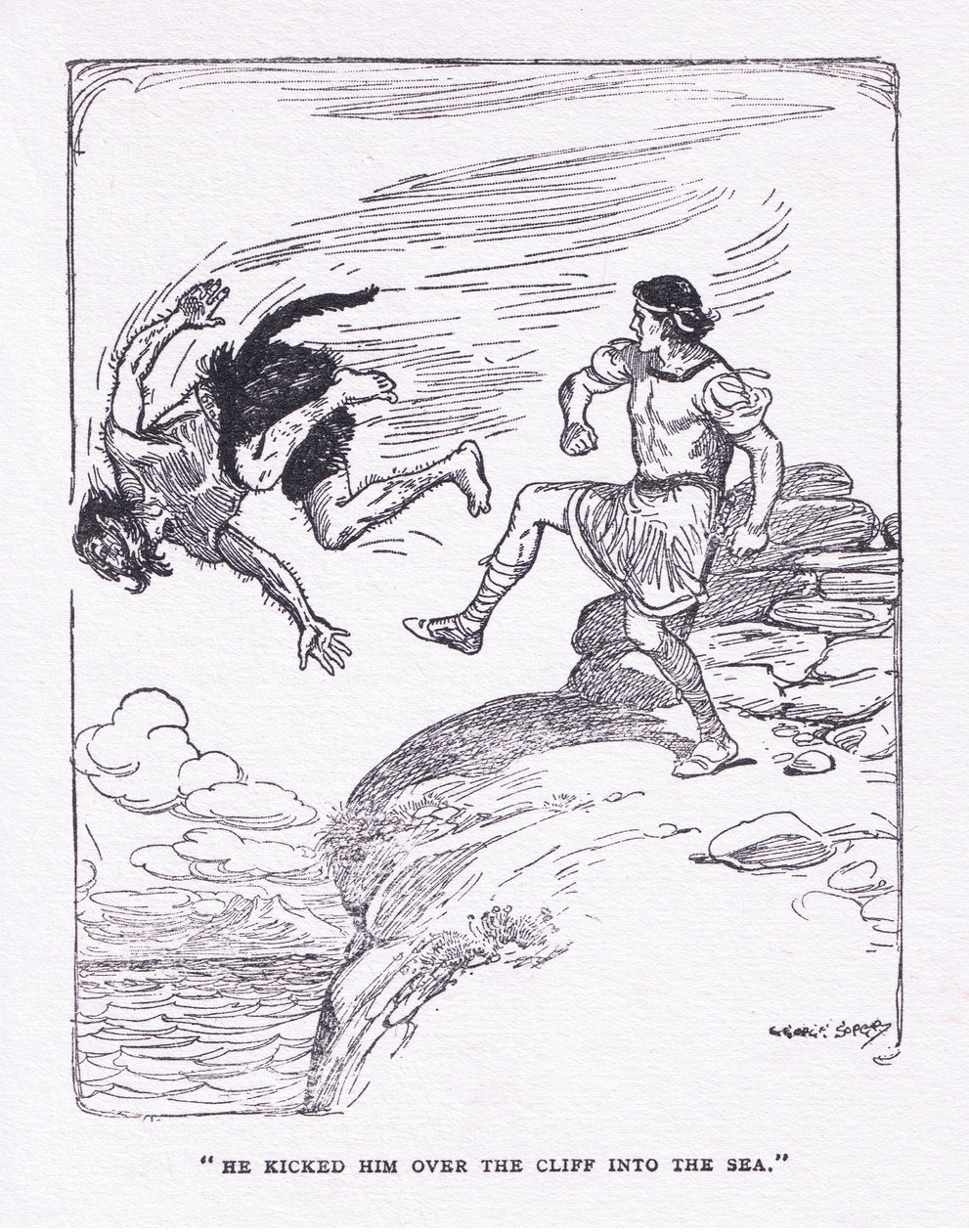 George Allen ve Unwin 1929 (renkli lito) tarafından yayınlanan The Heroes'dan, onu denizde uçurumdan aşağı attı. by George Soper