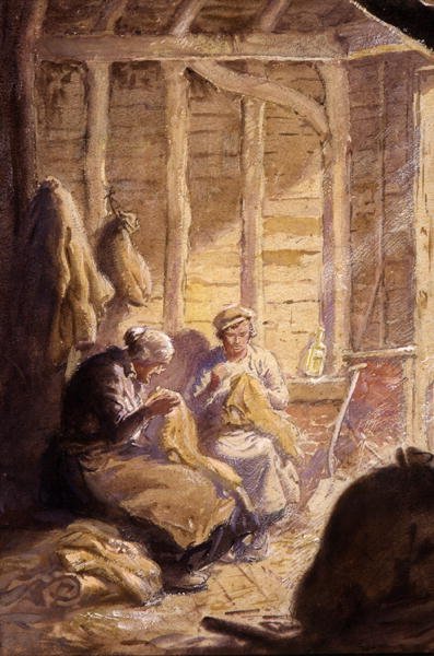 Ahırda Çuval Dikmek (kağıt üzerine sulu boya) by George Soper