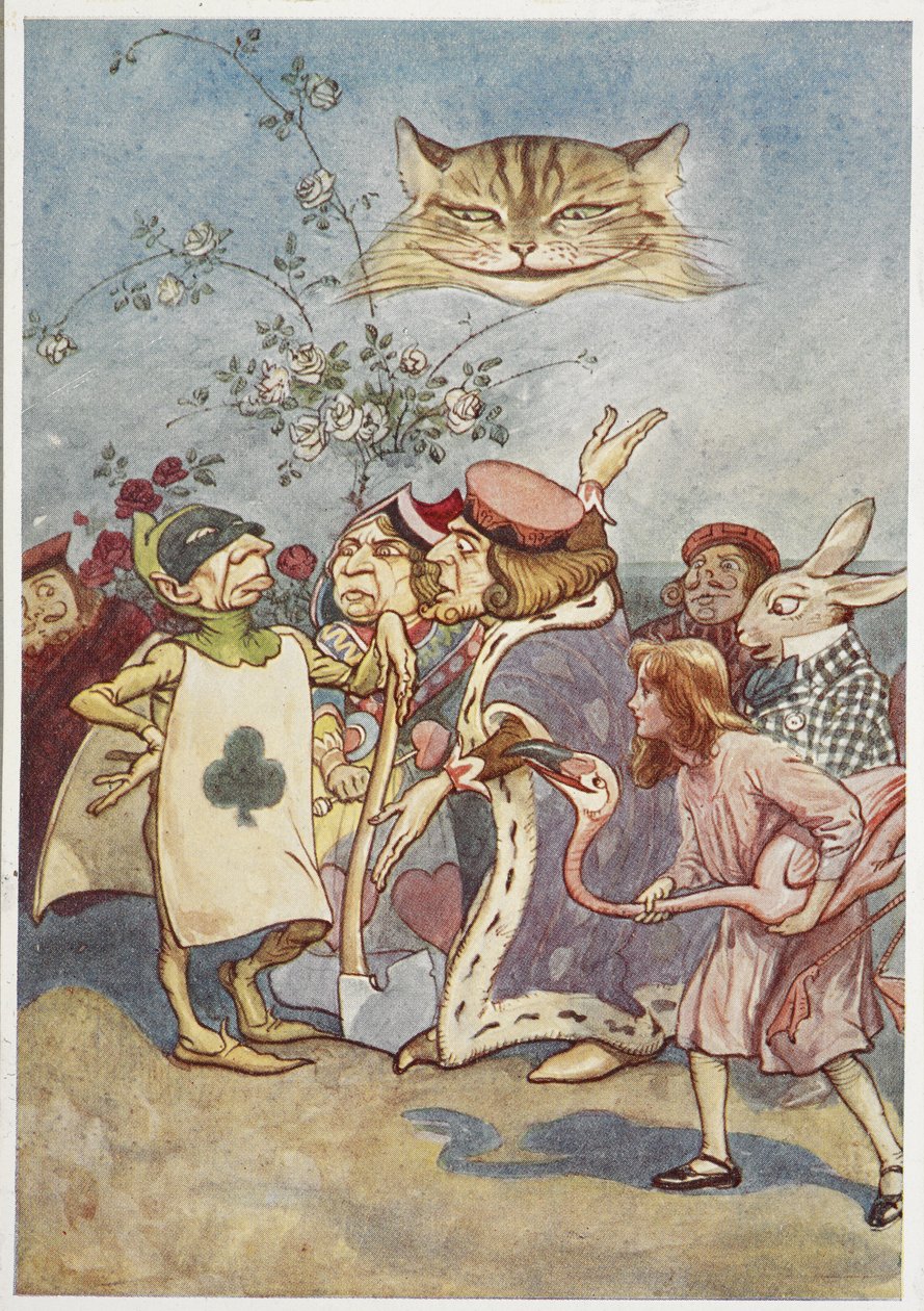 Alice'i izleyen Cheshire kedisi ve diğerleriyle birlikte oyun kağıdı uygulayıcısı by George Soper
