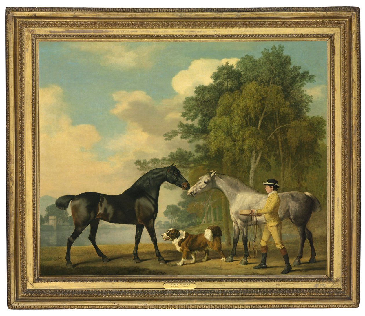 Göl kenarında genç bir damat ve bir köpekle iki avcı, 1778 by George Stubbs