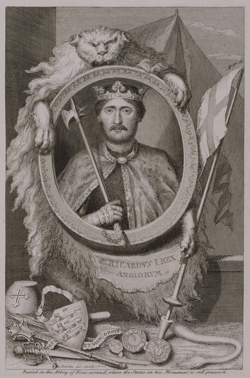 Richard I 'Coeur de Lion' (1157-99) 1189'dan İngiltere Kralı, Fontevrault'daki anıtındaki heykelinden, sanatçı tarafından oyulmuş (gravür) by George Vertue