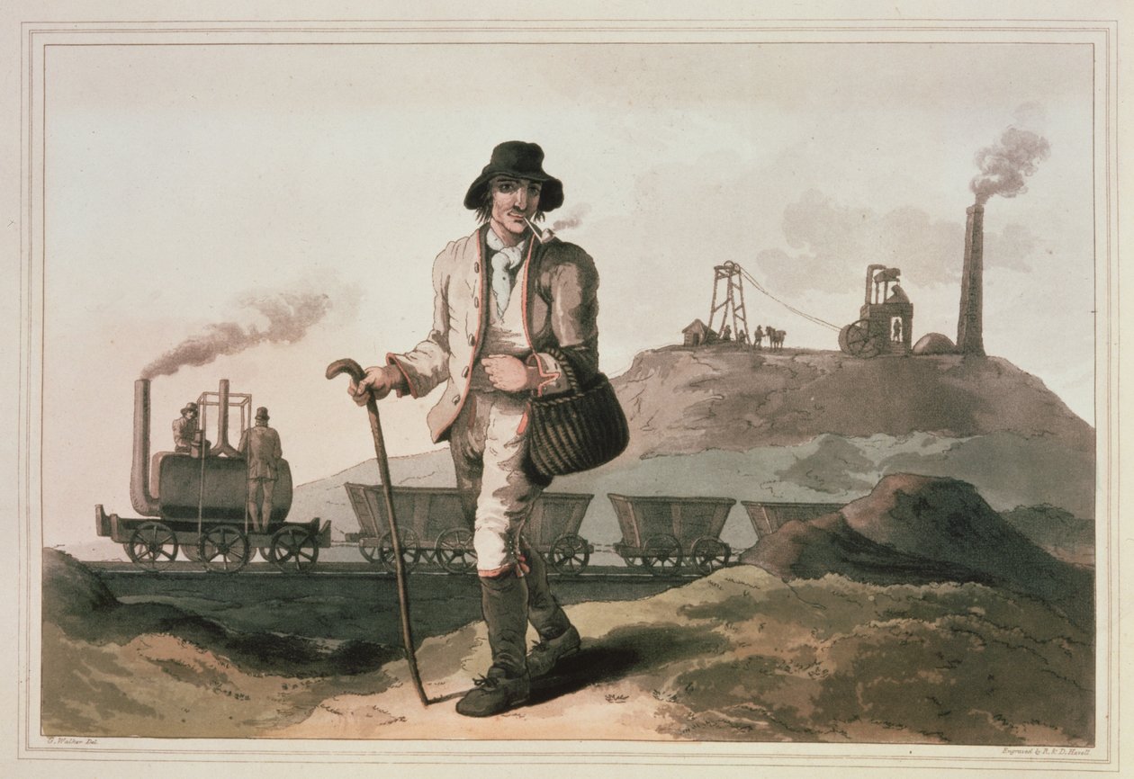 Leeds yakınlarındaki Middleton kömür ocağında Blenkinsop lokomotifi, Robert ve Daniel Havell tarafından oyulmuş, 1814 by George Walker