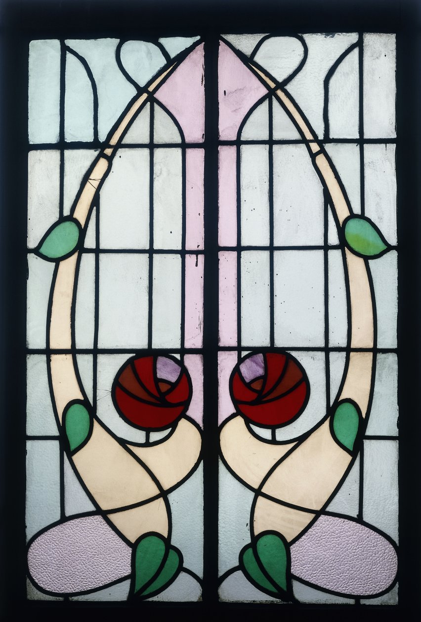 Stilize gülleri gösteren vitray panel (kurşunlu vitray, ahşap çerçeve) by George Walton