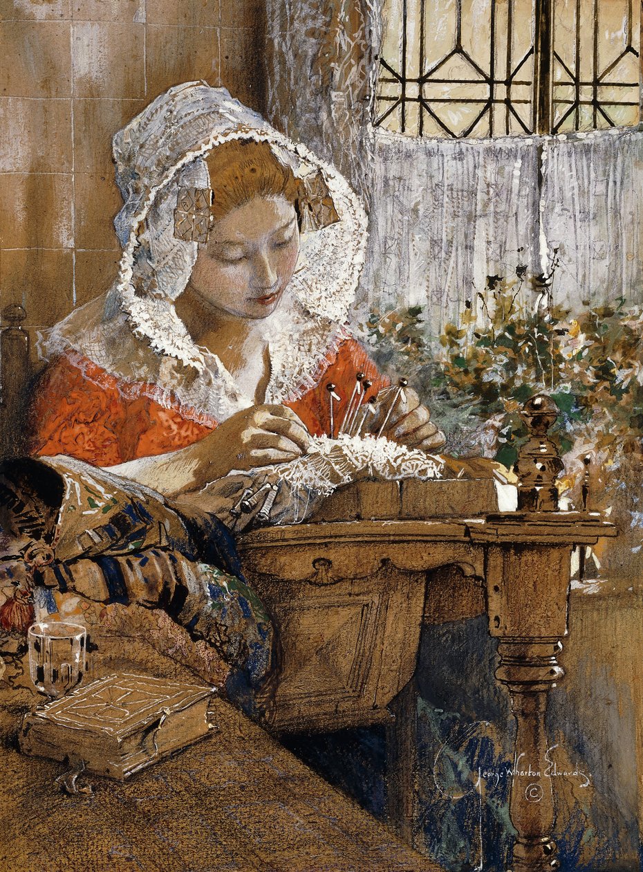The Flemish Lacemaker, c.1925 (kahverengi kağıt üzerine guaj, pastel ve kurşun kalem) by George Wharton Edwards