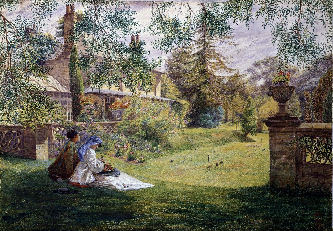 Bir Yaz Öğleden Sonrası. Bir Yaz Öğleden Sonrası: İki genç kadın bir bahçede çimlerin üzerinde oturmaktadır. Karşılarında bir kriket sahası var. George William Mote (1832-1909 İngiliz) tarafından yapılmıştır. Preraphaelism (Preraphaelite sanatı). Özel kole by George William Mote