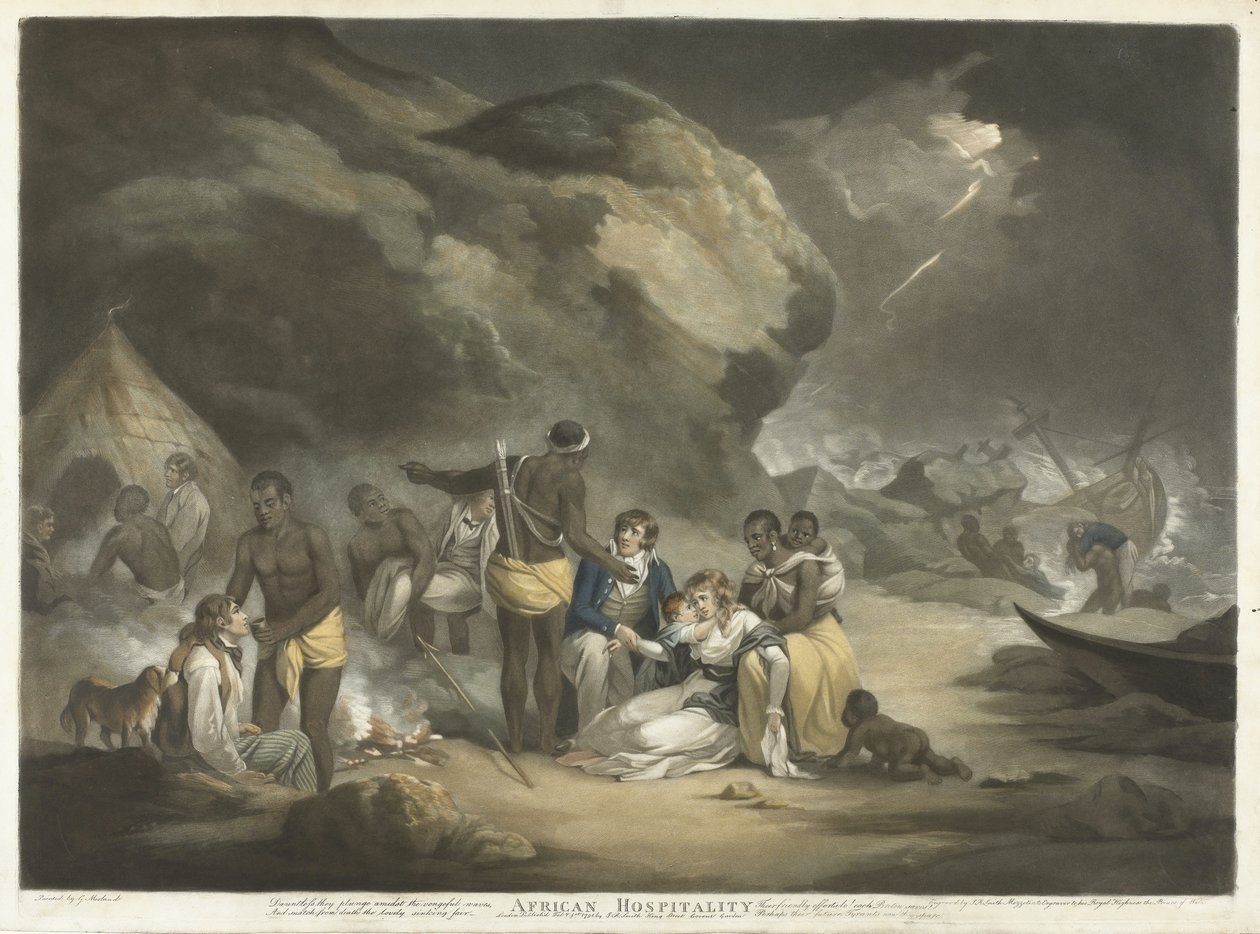 African Hospitality, pub.1791 (el renkli gravür) by George after Morland