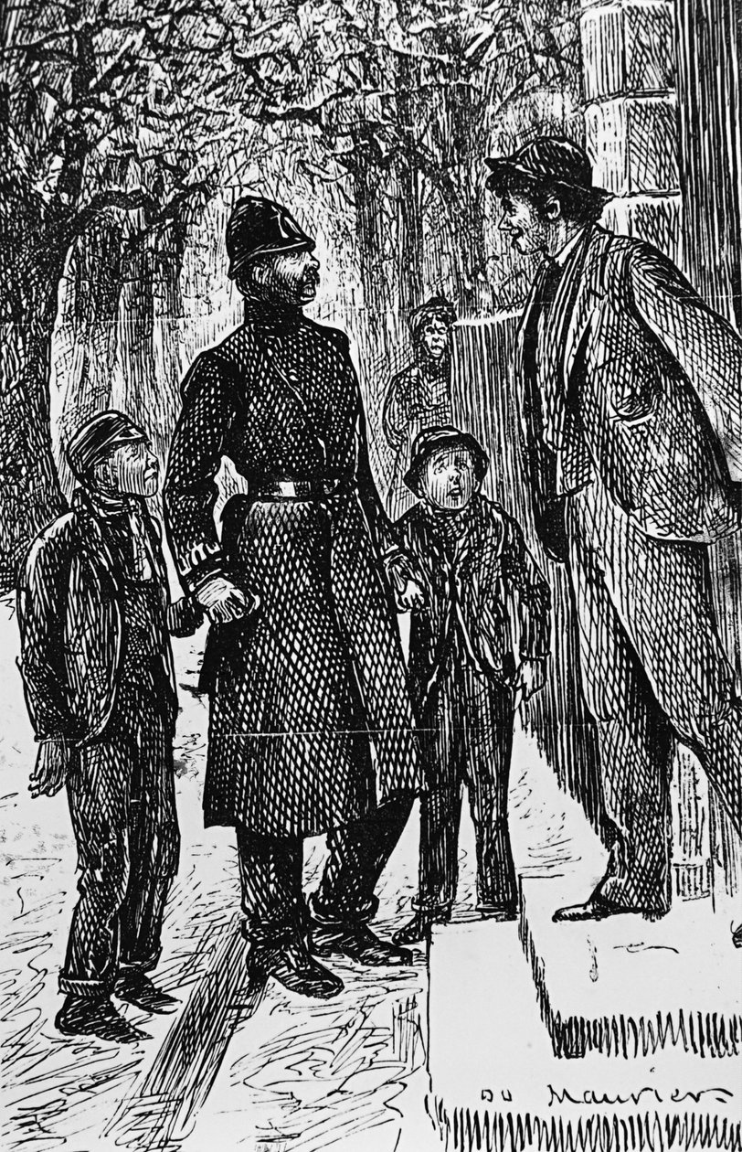 Bir Londra polisi, kapısının önünde buz üzerinde kaydırak yaptıkları beyefendiye iki sokak Arapını takdim ediyor. by George du Maurier