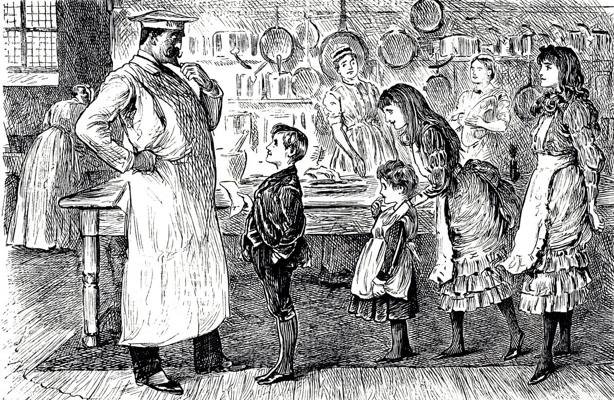 Evin çocuklarından emir alan bir şefi betimleyen bir çizgi film. Fransız-İngiliz karikatürist ve yazar George du Maurier (1834-1896) tarafından resmedilmiştir. by George du Maurier