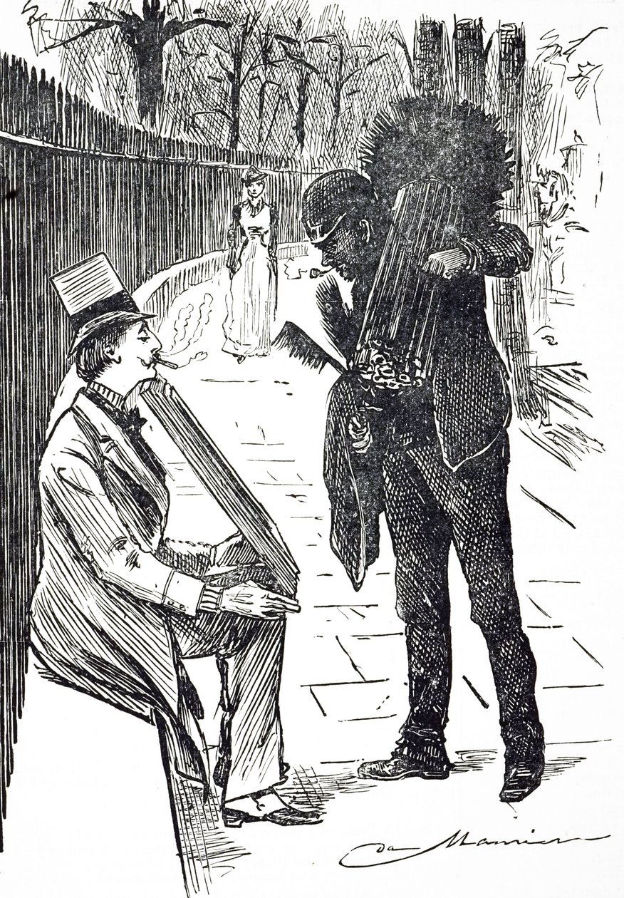 Fırçalarını Londra sokaklarında taşıyan bir baca temizleyicisini tasvir eden bir karikatür. Fransız-İngiliz karikatürist ve yazar George du Maurier (1834-1896) tarafından resmedilmiştir. by George du Maurier