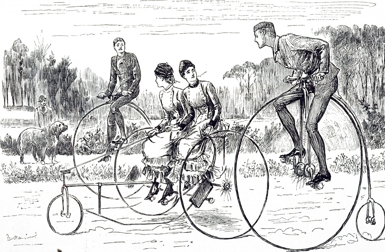 Üç tekerlekli bisiklete binen bir grup genci betimleyen bir çizgi film. Resimli George du Maurier (1834-1896) Fransız-İngiliz karikatürist ve yazar by George du Maurier