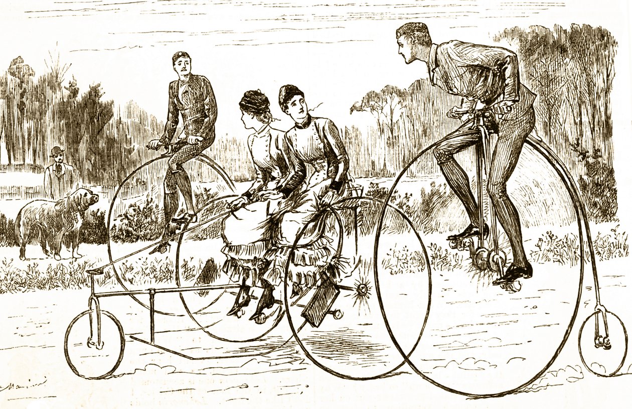 Üç tekerlekli bisiklete binen bir grup genci betimleyen bir çizgi film. Resimli George du Maurier (1834-1896) Fransız-İngiliz karikatürist ve yazar by George du Maurier