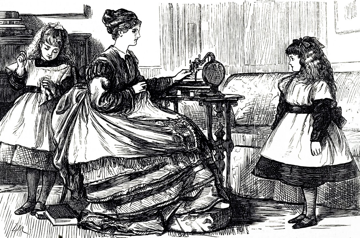 Dikiş makinesi kullanan genç bir anneyi betimleyen bir çizgi film. Fransız-İngiliz karikatürist ve yazar George du Maurier (1834-1896) tarafından resmedilmiştir. by George du Maurier