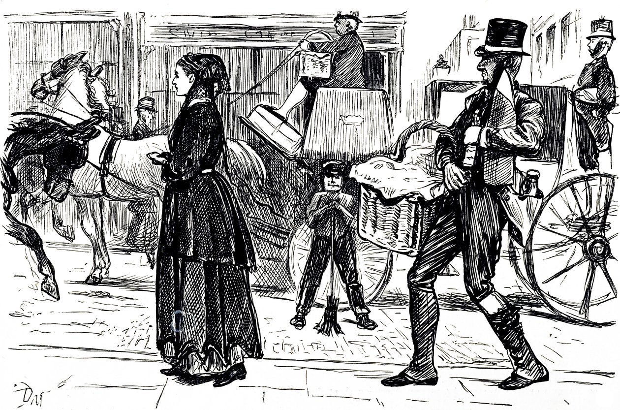 Kooperatif mağazalarının ilk günlerini gösteren bir karikatür. Fransız-İngiliz karikatürist ve yazar George du Maurier (1834-1896) tarafından resmedilmiştir. by George du Maurier