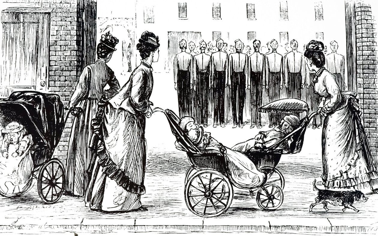 Çocukları gezintilerde gezdiren dadıları betimleyen bir gravür. Fransız-İngiliz karikatürist ve yazar George du Maurier (1834-1896) tarafından resmedilmiştir. by George du Maurier